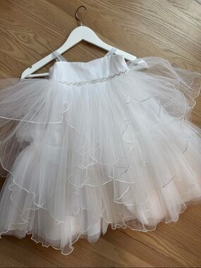 White Tulle Ruffled Girl's Dress with Rhinestone Waist - Size 4T